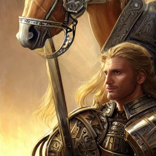 Image similar to portrait, handsome long - haired male fantasy paladin in shining armor on an armored horse, blond, rpg game, stern expression, main character, detailed, digital painting, artstation, sharp focus, illustration, artgerm, tomasz alen kopera, peter mohrbacher, donato giancola, joseph christian leyendecker, wlop, frank frazetta