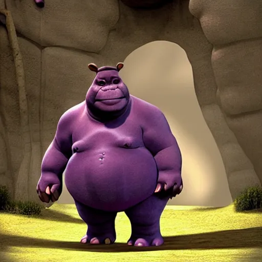 Prompt: monster hybrid of a donkey, elephant, big foot, hippo, and a little shrek, dark purple colored skin, film still