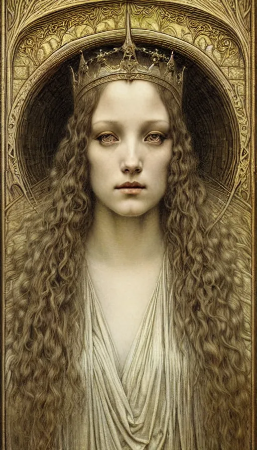 Image similar to detailed realistic beautiful young medieval queen face portrait by jean delville, gustave dore and marco mazzoni, art nouveau, symbolist, visionary, gothic, pre - raphaelite. horizontal symmetry