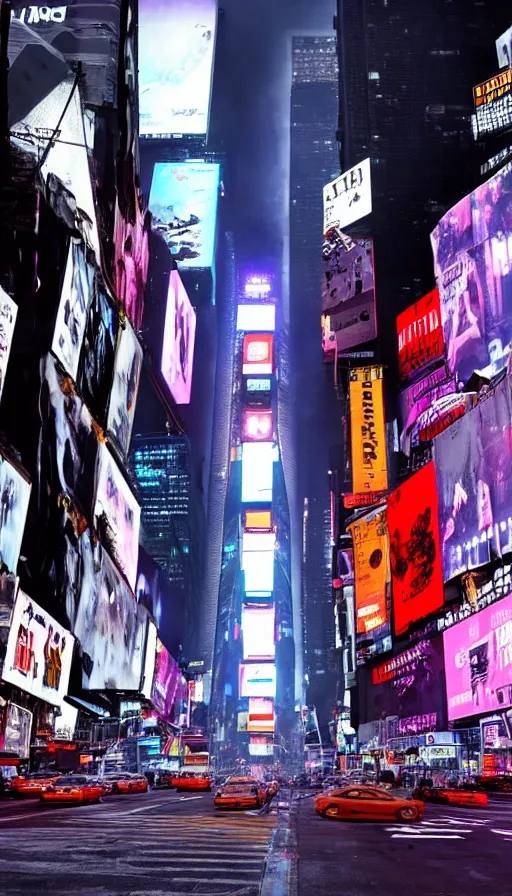 Image similar to 8k high resolution photograph of cyber punk New York Times Square on a foggy night, futuristic, wires hanging across the street, flying cars