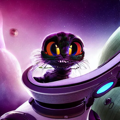 Prompt: Anthropomorphic alien Cheshire cat in the cabin of the spacecraft navigating through the epic space battle. Star Trek movie style, ultra realistic, 8k, highly detailed, digital art