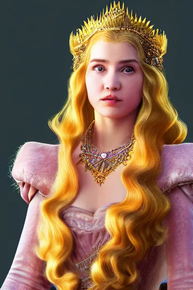 Prompt: very very intricate photorealistic photo of a realistic human version of princess peach wearing her crown in an episode of game of thrones, photo is in focus with detailed atmospheric lighting, award - winning details