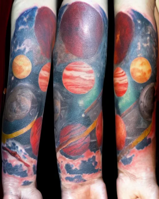 Image similar to planets on the top of a broken renaissance head statue, realism tattoo