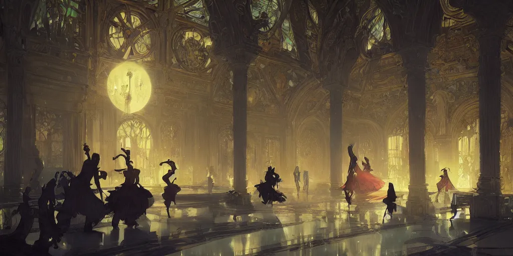 Prompt: beautiful render of a ballroom, concept art, some dancers, at night, medieval!!, bright, artstation, detailled, manga!, fantasy! by greg rutkowski, by alphonse mucha