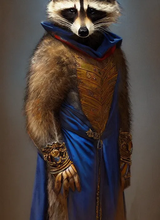 Prompt: formal portrait of raccoon wearing royal blue cleric robes, digital art by eugene de blaas, ross tran, and nasreddine dinet, vibrant color scheme, intricately detailed, in the style of romanticism, cinematic, artstation, greg rutkowski