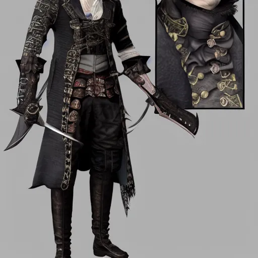 Image similar to Full body profile of Male Victorian Gothic Pirate Genshin Impact character, hd, intricate, bloodborne, 8k, digital art