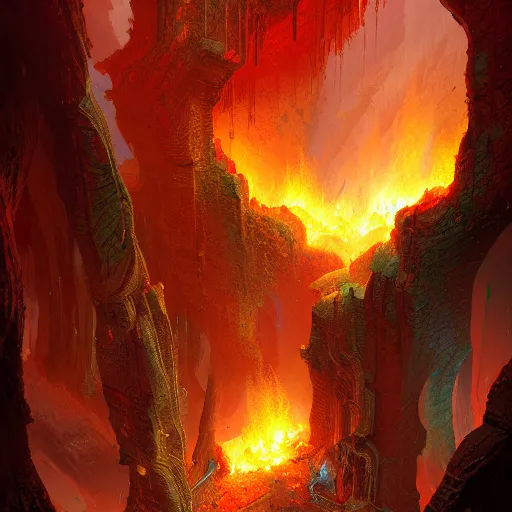 Prompt: the ground opening up to reveal flames in a chasm by Marc Simonetti