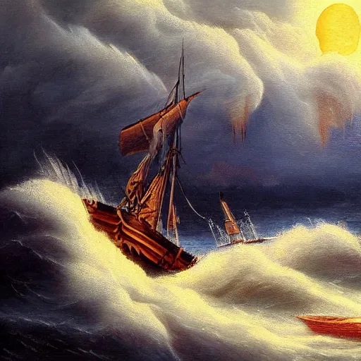 Image similar to sea storm, vortex, epic painting, wooden ship, highly detailed, hd, deep colors