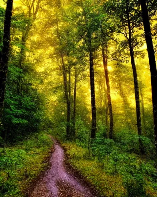 Prompt: two roads diverged in a yellow wood, and sorry i could not travel both and be one traveler, long i stood and looked down one as far as i could to where it bent in the undergrowth fall trees in a forest by thomas kinkade