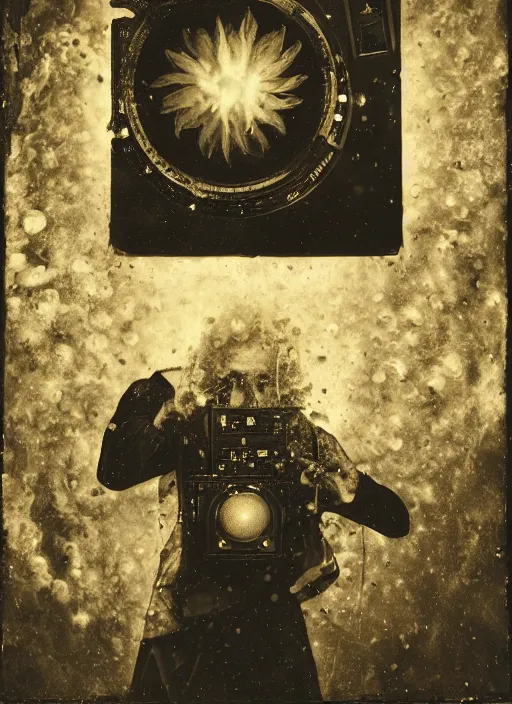 Image similar to old wetplate daguerreotype, portrait of god is a dj, explosion of data fragments, fractal, intricate, elegant, highly detailed, parallax, leica, medium format, subsurface scattering, by jheronimus bosch and greg rutkowski and louis jacques mande daguerre