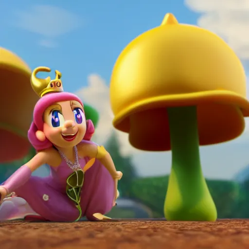 Image similar to A Still of Princess Peach in an animated Disney Pixar movie holding a gold coin in the mushroom kingdom, dynamic pose, promotional render, 35mm f1.8, bokeh, 4k, artstation, PBR materials, Pixar renderman render