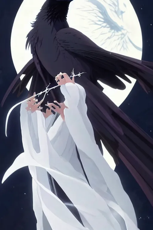 Image similar to raven headed warlock doing magic spells wind, white robes, finely detailed perfect anime face, exquisite details, mid view, design on a white background, by studio muti, greg rutkowski makoto shinkai takashi takeuchi studio ghibli