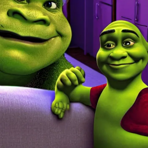 Image similar to shrek creeping into room, pov from bed