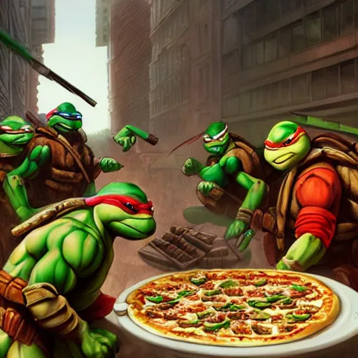 Image similar to four teenage mutant ninja turtles eating pizza, handsome, intricate, detailed, volumetric lighting, scenery, digital painting, highly detailed, artstation, sharp focus, illustration, concept art, ruan jia, steve mccurry