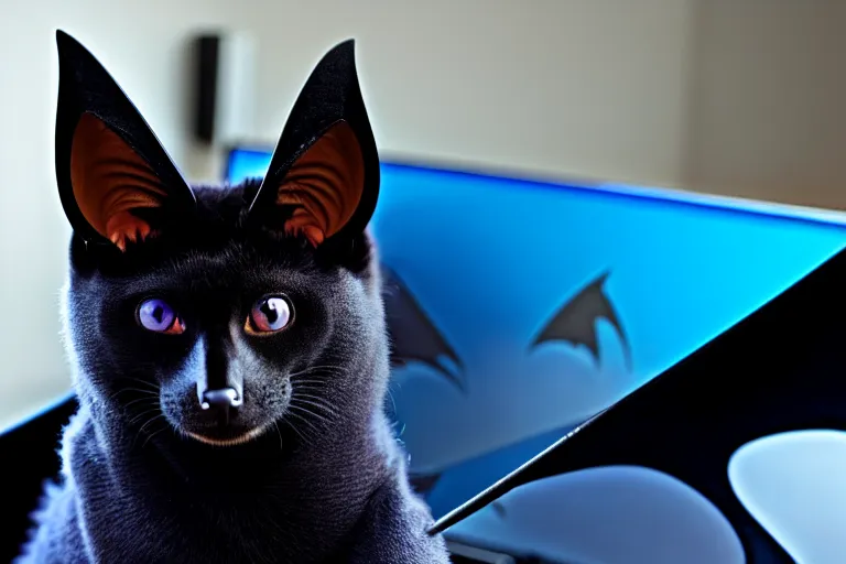 Prompt: a blue - and - black male catbat fursona with blue / green heterochromatic eyes ( differently colored eyes ) and huge bat ears, photo of the catbat streaming on his computer