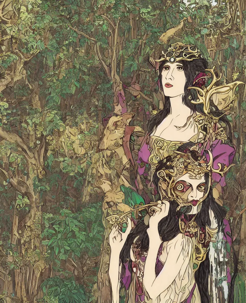Image similar to portrait of Princess Mononoke wearing her mask, lush forest landscape, style of Art Nouveau, gems and gold, waterfalls, denoised, sharp,