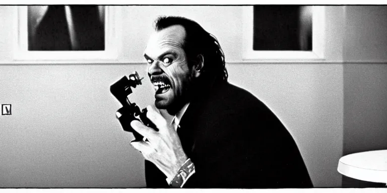 Image similar to photorealistic wide profile master shot cinematography of the character jack torrance played by jack nicholson from stanley kubrick's 1 9 8 0 film the shining sitting at the overlook hotel's gold ballroom bar laughing right at the camera shot on 3 5 mm eastman 5 2 4 7 film by the shining cinematographer john alcott on a 1 8 mm cooke panchro lens.