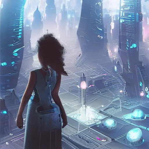 Prompt: “ a girl looking down on a futuristic city, ghostpunk, very detailed, trending on artstation ”