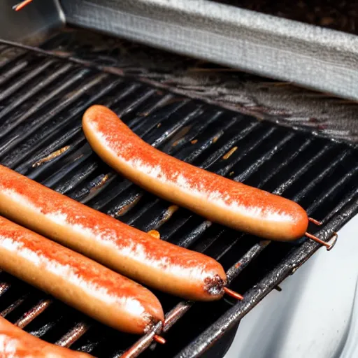 Prompt: skinny many cooking hot dogs on a flat iron grill, detailed