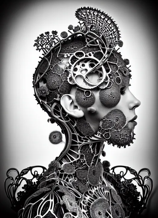 Prompt: surreal black and white photo portrait of complex bio-mechanical beautiful young female vegetal-cyborg with a Mandelbrot fractal metal fine lace face, curled silver hair, 150 mm lens, soft rim light, fine metal floral foliage super big lace collar by Alexander McQueen, high fashion, haute couture, rococo, steampunk, silver filigree details, anatomical, facial muscles, cable wires, microchip, elegant, hyper realistic, octane render, unreal engine, in the style Dora Maar, volumetric lighting, 8k,