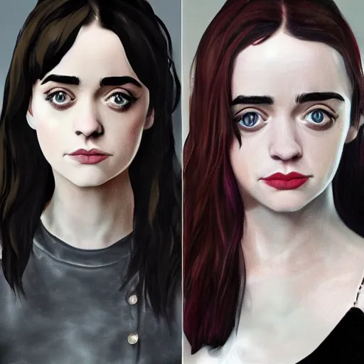 Prompt: a combination of Maisie Williams, Krysten Ritter, Anne Hathaway and Natalia Dwyer Christina Ricci and Lily Collins trending on artstation, long hair, dark eyes