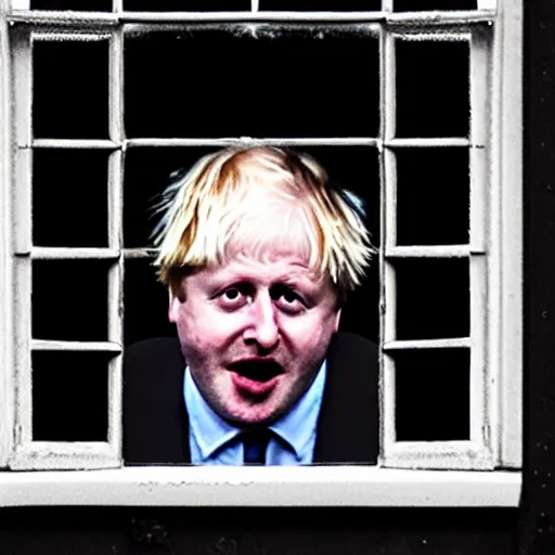 Image similar to photo of the inside of a dark old rainy bedroom window at night with the curtains pulled back, dimly lit creepy | screaming face of boris johnson staring in and pressing his bloody face and hands against the window, horror, scary face, demonic face,