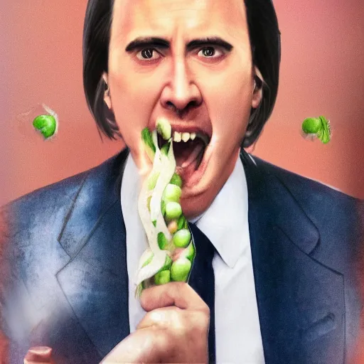 Prompt: nicolas cage with a wicker basket over head screaming with a mouth full of peas