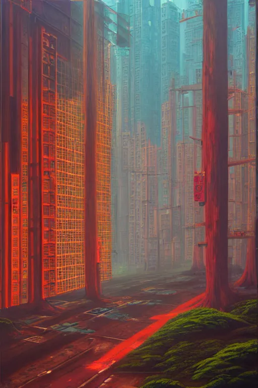 Image similar to downtown hong kong in a redwood solar punk vision, oil on canvas by klaus burgle, simon stalenhag, ultra - realistic 3 d depth shading