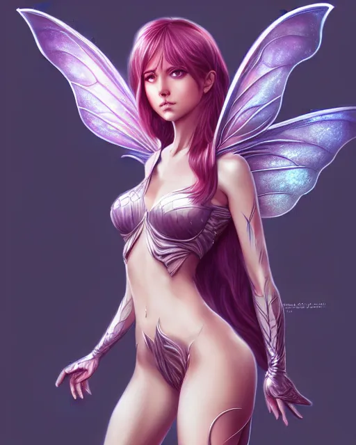 Prompt: 3 / 4 view of a woman with fairy wings, confident pose, pixie character, video game genshin impact, cell shaded anime intricate, elegant, sharp focus, illustration, highly detailed, concept art, matte, magali villeneuve, artgerm, anime, trending on artstation