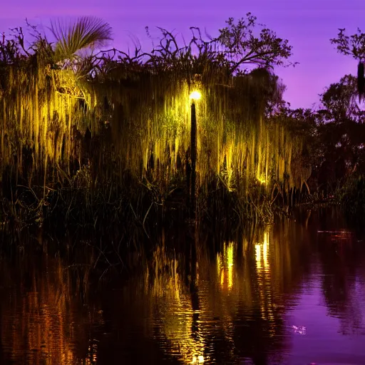 Image similar to small florida swamp fishing village on the side of the water, night time, dimly lit by lanterns