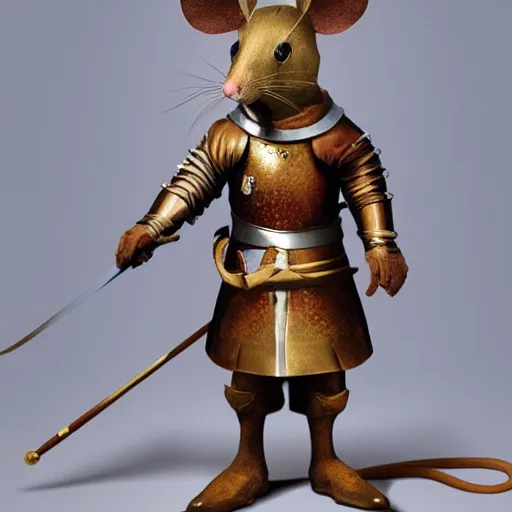 Prompt: a mouse dressed as a knight standing upon a table realistic detailed
