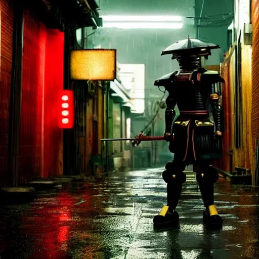 Prompt: a samurai robot with wheel legs gripping a perfectly detailed katana in their hand with a badass pose. Rainy Grungy neon cyberpunk alleyways in the background Badass pose , Photo realistic , Gregory Crewdson , Award winning. Masterpiece, exquisite detail, post processing