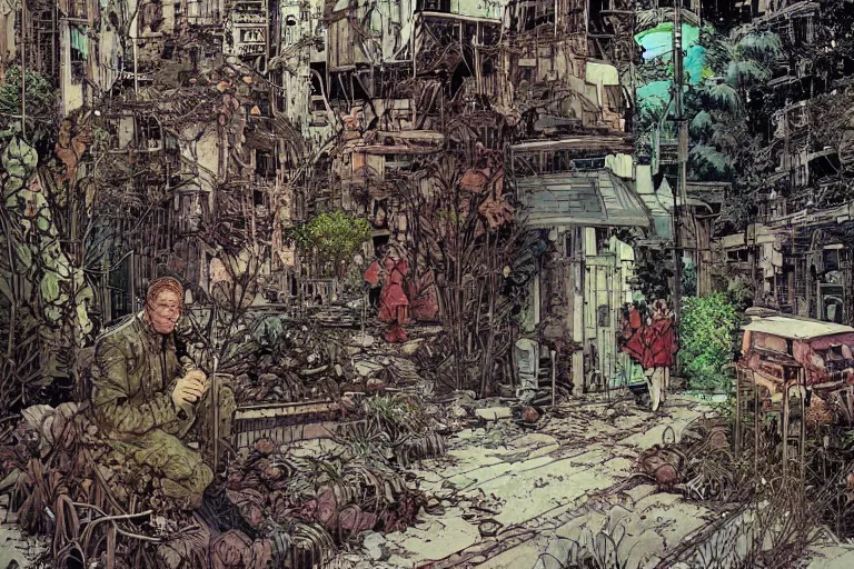 Prompt: on the street of abandoned town 2 people huddled together with spiny giant plants bursting through them, surreal, very coherent, intricate design, painting by Laurie Greasley, part by Yoji Shinkawa, part by Norman Rockwell