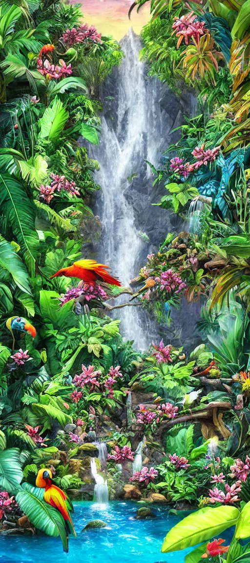 Image similar to cascading concept art of an exotic garden with waterfall pools, macaw parrots, flowers and palm trees, plumeria, detailed, highly detailed, aesthetic, realistic, hyper realism, colorful, in depth, intricate,