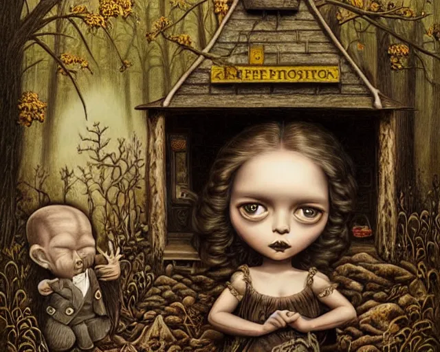 Image similar to intricate detailed portrait of a character in front of a cabin in a dark mysterious forest by mark ryden