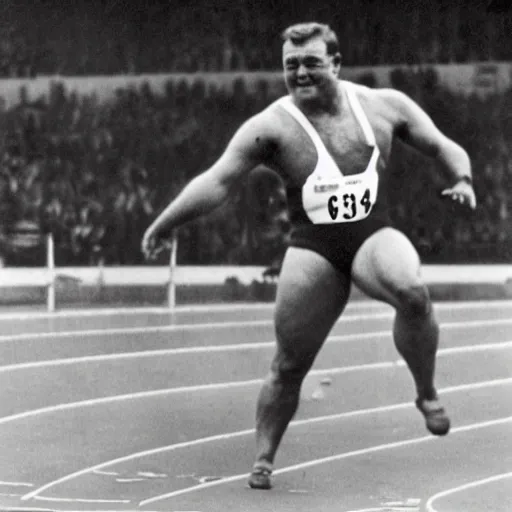 Image similar to peter griffin winning gold for hungary in the 1 9 3 8 berlin olympics, shotput medalist, black - and - white photograph