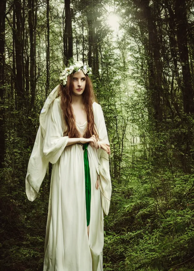 Image similar to young beautiful fey druid woman, full body portrait, long white hair, flower crown, long dark green robes, intricate, standing in a dark forest, sunbeams shining down, high fantasy, romanticism