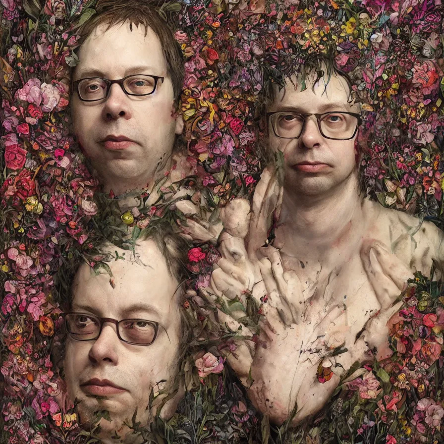 Image similar to todd solondz john zorn, male portrait of the john zorn todd solondz of the underworld puking blood, surrounded by flowers by karol bak, james jean, tom bagshaw, rococo, trending on artstation, cinematic lighting, hyper realism, octane render, 8 k, hyper detailed.