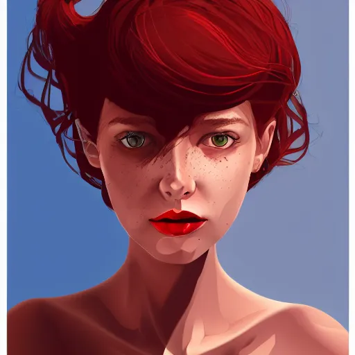 Prompt: girl with medium length red hair. thin face, red lips. centered median photoshop filter cutout vector behance hd jesper ejsing!