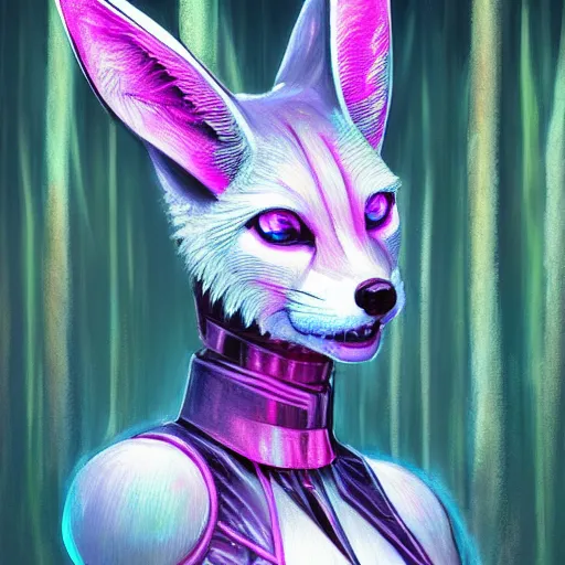 Prompt: face portrait of a cyborg fennec fox assassin standing in the forest, in black carbon fiber pink and blue sci-fi armor, light coming off of the armor, tech wear, sci-fi, intricate, elegant, highly detailed, digital painting, artstation, concept art, sharp focus, illustration, trending on art station, dynamic lighting, cinematic, ultra detailed, fantasy concept art, 8k