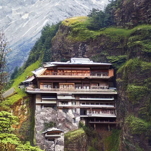 Image similar to a beautiful alpine lodge sitting precariously atop the side of a jutting cliffside, painted by yoshitaka amano