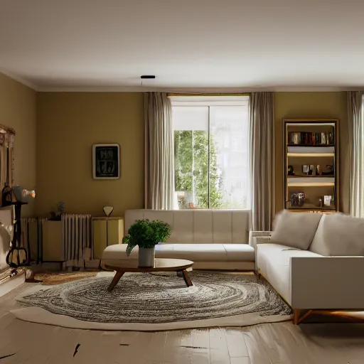 Image similar to 3D render of vintage interior house , 70's, octane render, unreal engine,