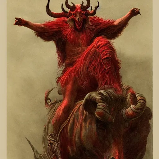 Image similar to a masterpiece! photographic portrait of a scarlet - colored!! beast!! with seven heads!! and ten horns!! by gustave dore and sam spratt and allen williams, trending on artstation, cgsociety, 8 k hd, earthtone colors, a cloaked woman riding the back of the beast