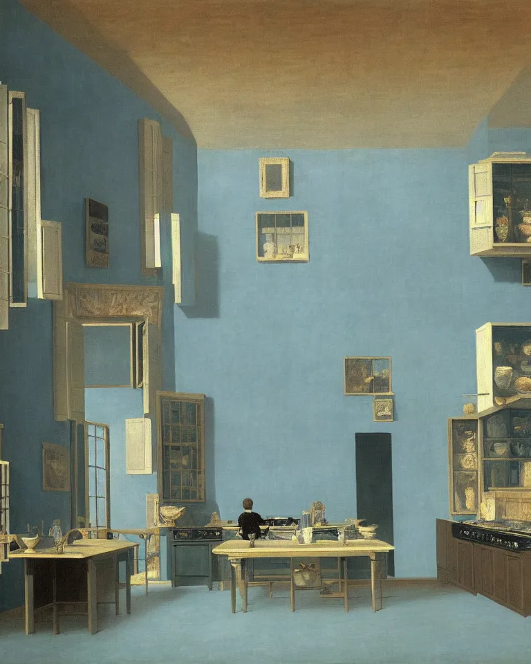 Image similar to achingly beautiful painting of a sophisticated kitchen on baby blue background by rene magritte, monet, and turner. giovanni battista piranesi.