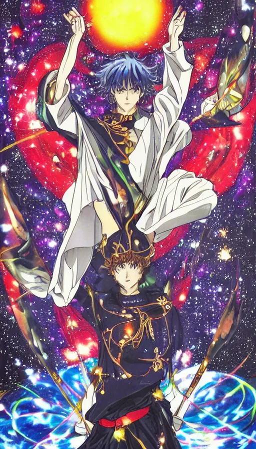 Image similar to anime tarot card based on the card Judgement, drawn by hideaki anno, beautiful lines, cosmic, psychedelic, detailed