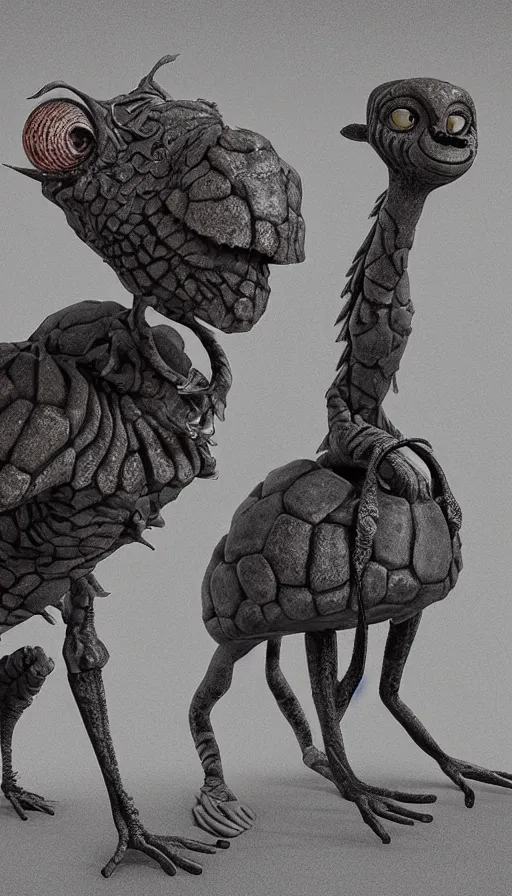 Image similar to a strange bird turtle giraffe chimp chimera creature with scales and feathers and fins waiting for the bus with other monsters, on an alien planet, platonic forms, in the style of shaun tan, sam shearon, dr seuss, leng jun, close up, fantastic, wonderful, science fiction, dramatic studio lighting, 3 d sculpture unreal engine