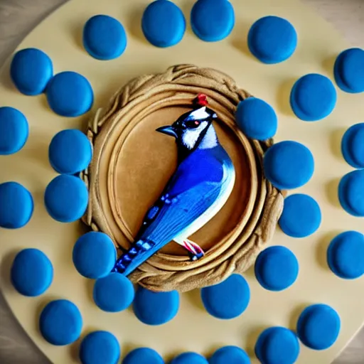 Image similar to A photograph of a (photorealistic blue jay) standing on a large basket of rainbow macarons.