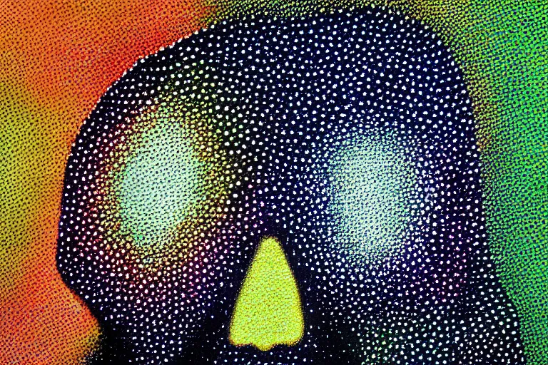 Image similar to teeth, smile, faceless people dark, dots abstract, dripping, stipple, pointillism, technical, abstract, minimal, style of francis bacon, asymmetry, pulled apart, stretch, cloak, eerie, made of dots, abstraction chemicals, balaclava mask, colored dots, sploch