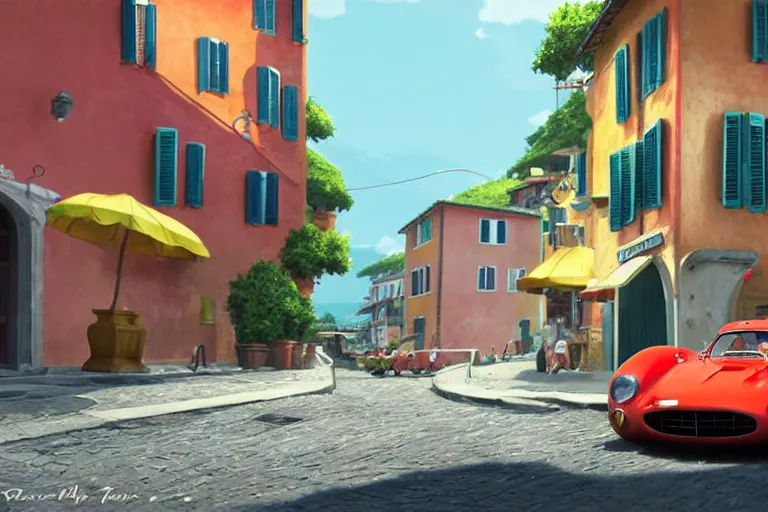 Prompt: a wholesome animation key shot of!! one!! focused!! ferrari 2 5 0 gt!! in beautiful cinque terre italy street, medium shot, studio ghibli, ( pixar ) and disney animation, sharp, very detailed, high resolution, rendered in unreal engine 5, anime key art by greg rutkowski, bloom, dramatic lighting