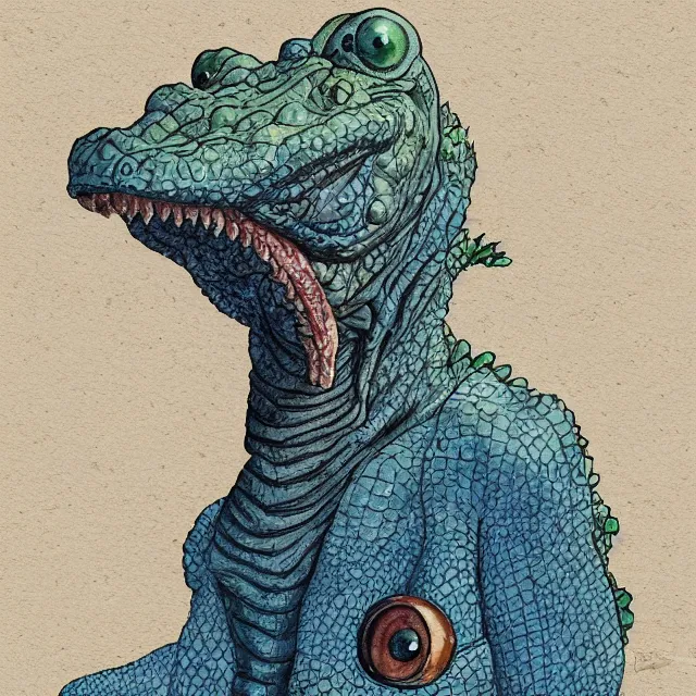 Image similar to a oil / watercolor painting full body character portrait of a illogical, odd, seasoned female anthropomorphic alligator on the wrong side of the law. in the style of moebius in the style of leonard boyarsky trending on artstation deviantart pinterest hyper detailed photorealistic highlights and shadow hd 8 k post - processing high resolution